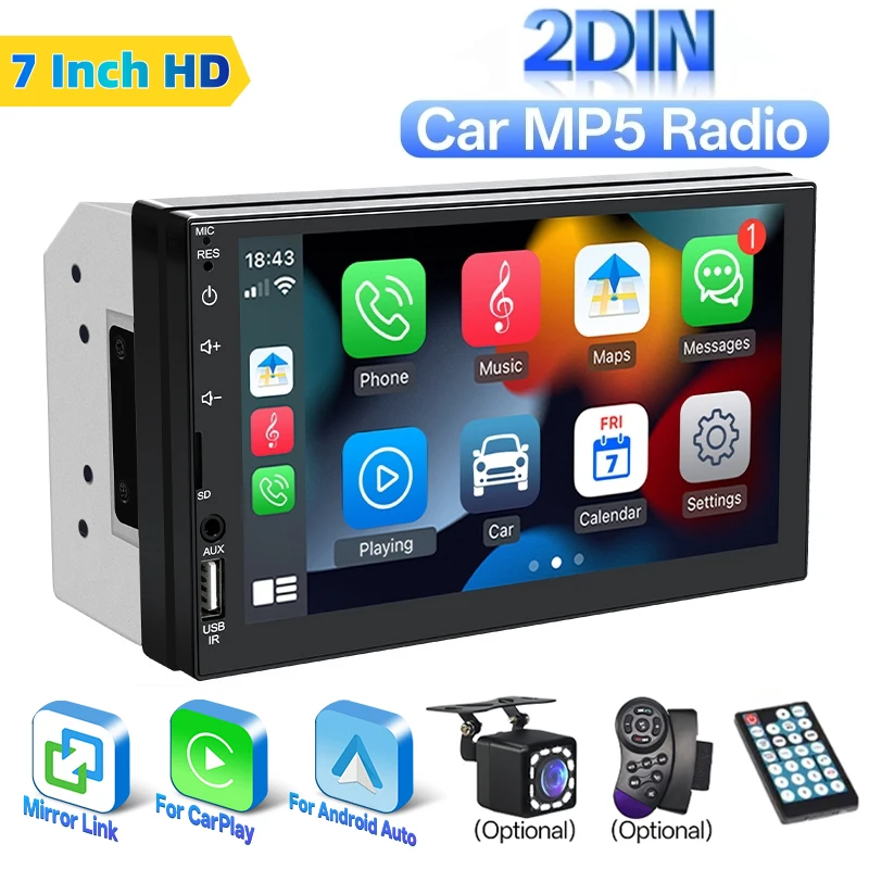 

HIPPCRON Car MP5 Radio 2 DIN Multimedia Player 7“ Touchscreen Wired CarPlay and Android Auto FM Radio AUX USB Import Mirror Link