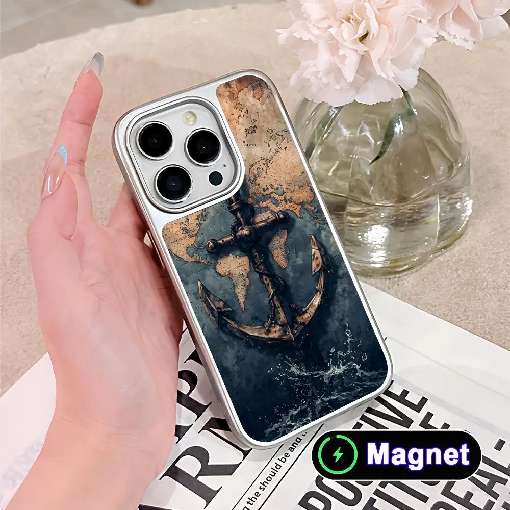 

Pretty Navy Ancora Phone Case for iPhone 17 16 15 14 13 12 11 Air Pro Max Plus Electroplated Silver Magnet Cover