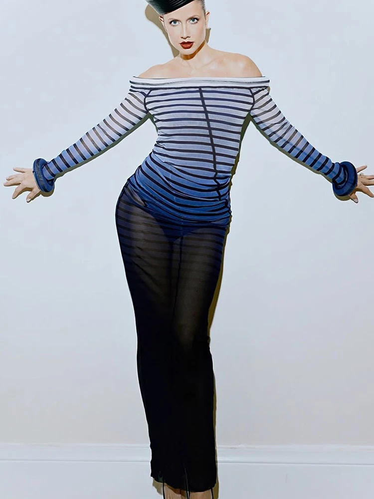Cutenew Slash Neck Stripe Abito sfumato Donna Linea irregolare Nuovo stile Sottile Hottie Street Clubwear Stretch Skinny Aderente