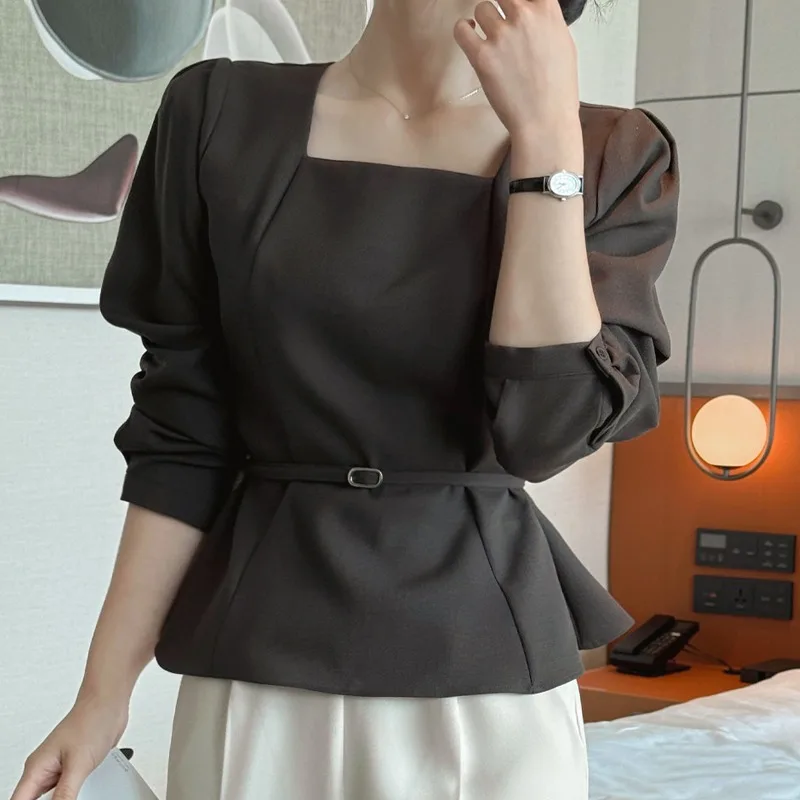 Elegant French Style Shirt Women's High Waist Bubble Sleeve Long Sleeve Top Waist Cinched Coarse Weave Square Collar Perfume ...