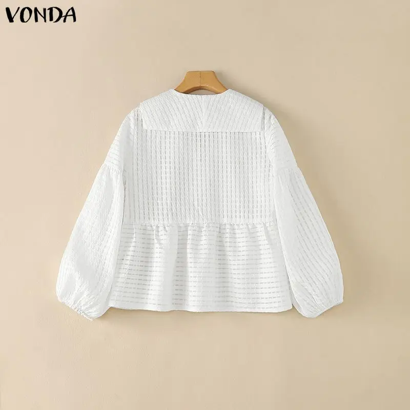 VONDA Women Blouse French Style Casual Spring Tops Elegant V Neck Tie Front Lantern Sleeve Shirts Fashion Solid Color Blusas 5