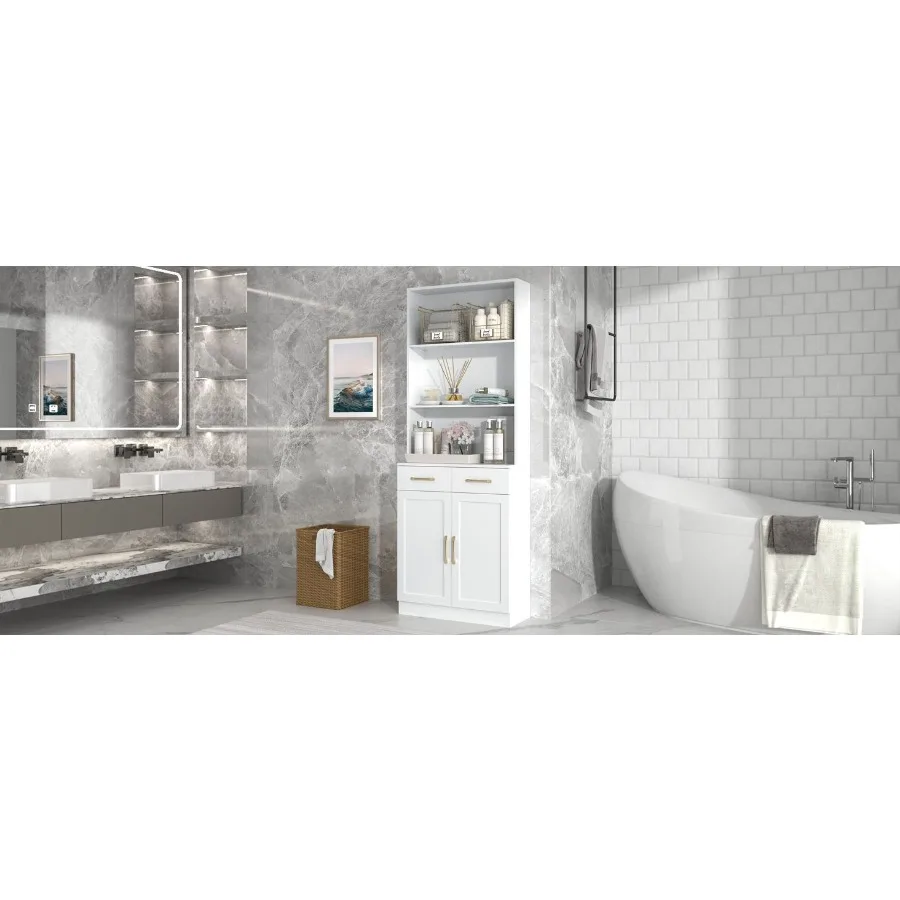 

Bathroom Storage Cabinet Cabinet with Two Doors and Drawers Adjustable Shelf Threelayer Open Shelf MDF Board White