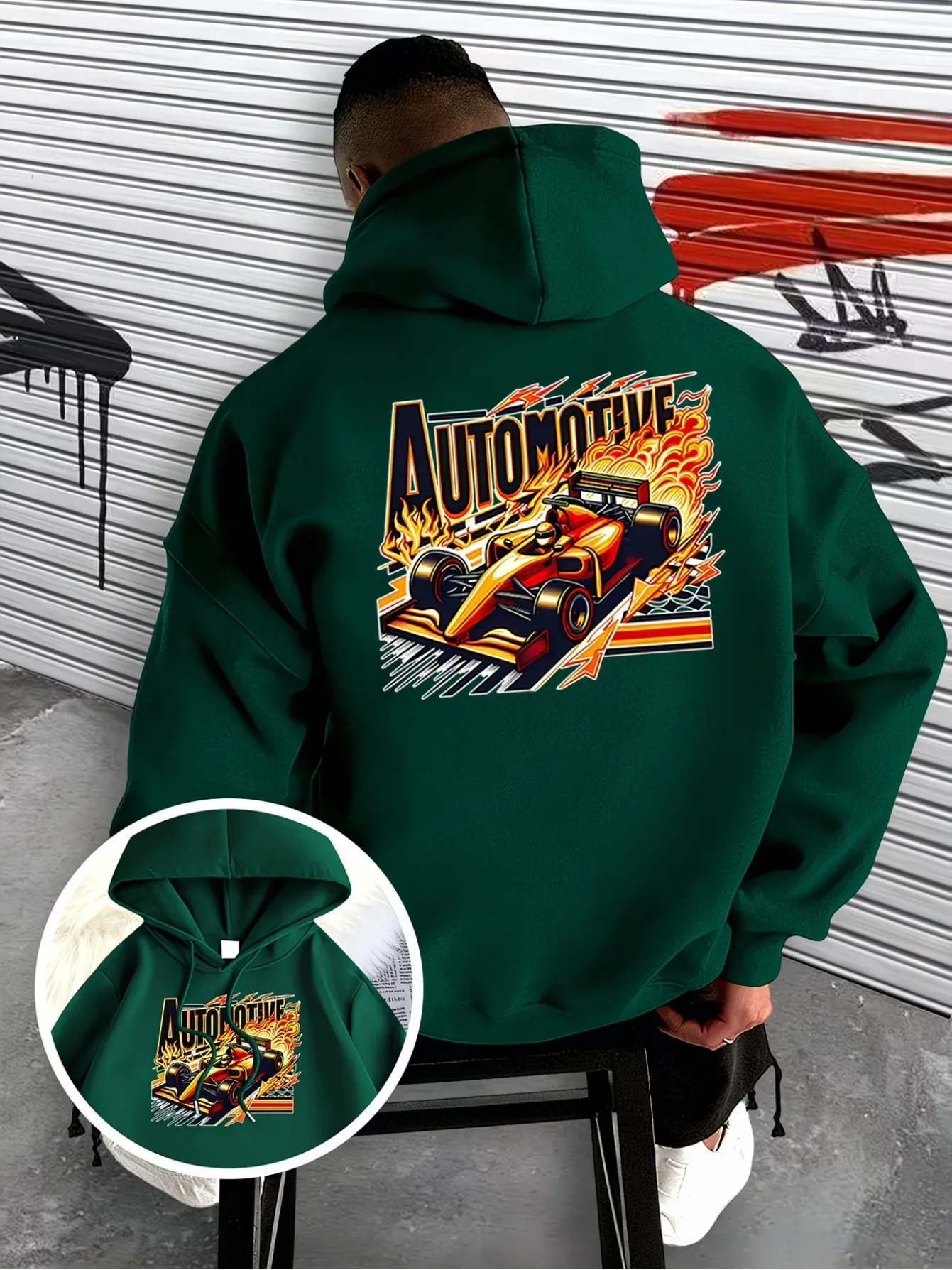 Automotive Flame Formula Race Car Graphic Hoodie for Men Women Lightning Graffiti Front & Back Print Loose Pullover Hooded Top