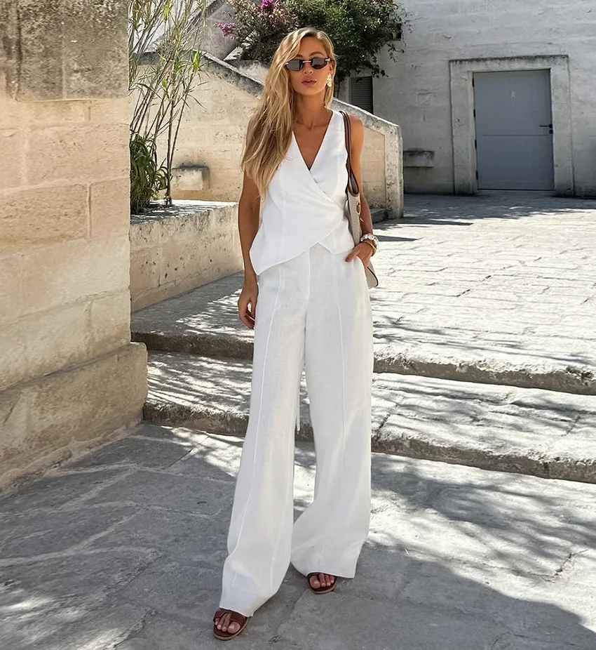 

2025 New Arrived V-neck Solid Color Sleeveless Lace-up Top Spring Pocket Trousers Cotton Linen Two-piece Set