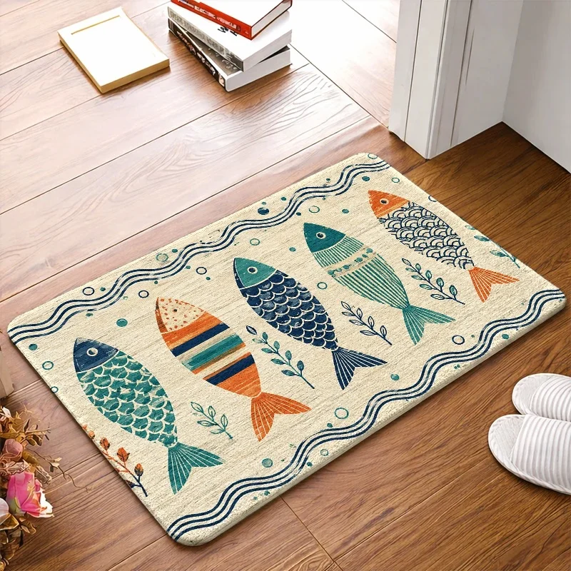 Vibrant Printed Fish Pattern Polyester Doormat Mat for Entryway Beach Nautical Bathroom Decor Waterproof House Mat Rug Idea