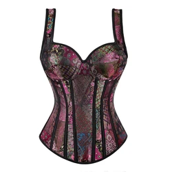 Gothic Corset Top With Straps Sexy Floral Zipper Brocade Overbust Lingerie Burlesque Body Shaper Lace Up Bustier Plus Size