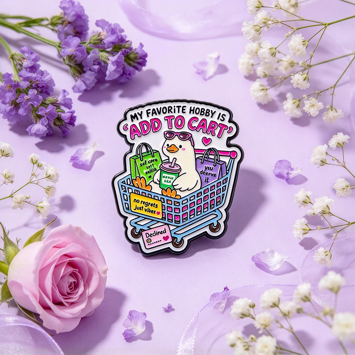 MY FAVORITE HOBBY IS 'ADD TO CART' Enamel Pin Cute Goose Brooch Pines Lapel Pins Badge Clothing Accessories Funny Jewelry Gift