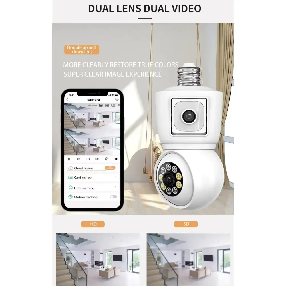 4K 8MP light bulb WiFi ip camera dual lens dual screen automatic tracking two-way audio color night vision security video camera