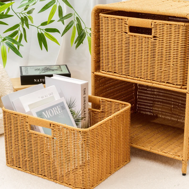 Nordic Style Double-Layer Plastic Bedside Table Simple Small Household Storage Cabinet With Rattan Material