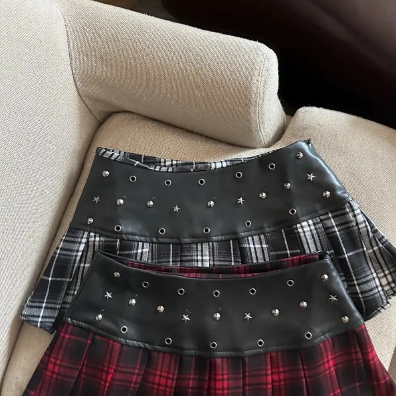 Vintage Plaid Leather Patchwork Skirt High Waist A-line Spice Girls Pleated Mujer Falda Slim All-match Y2k Goth New Falda