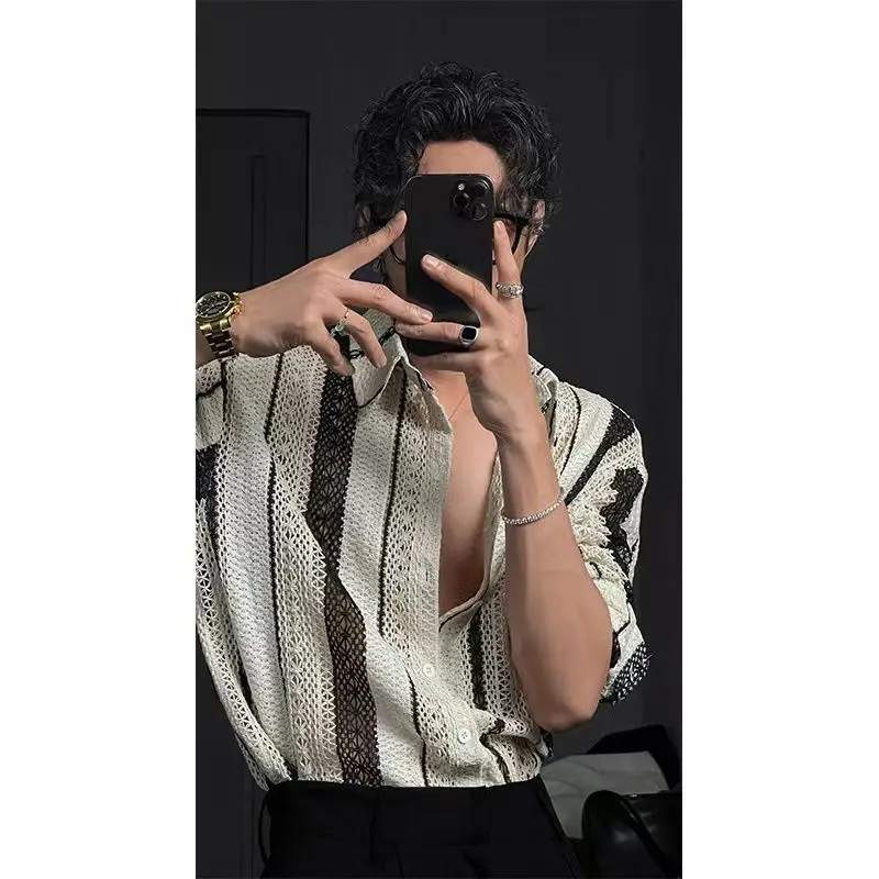 

American Style Hollow Color Striped Men's Short-sleeved Shirt Spring and Summer 2024 New Fashion Casual Design Male Shirt Top