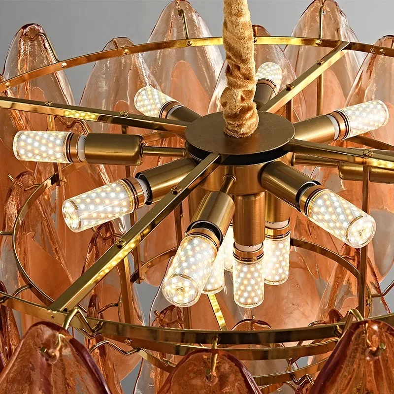 2025 جديد مصمم البتلة شكل الزجاج الثريا عكس الضوء الفولاذ المقاوم للصدأ قلادة مصباح قابل للتعديل السقف بريق لغرفة المعيشة