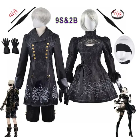 Anime Nier Automaten Cosplay 9S Yorha 2B Cosplay Pak Mannelijke Vrouwen Outfit Pruik Vermomming Kostuum Plus Size Fancy Party zwarte Jurk