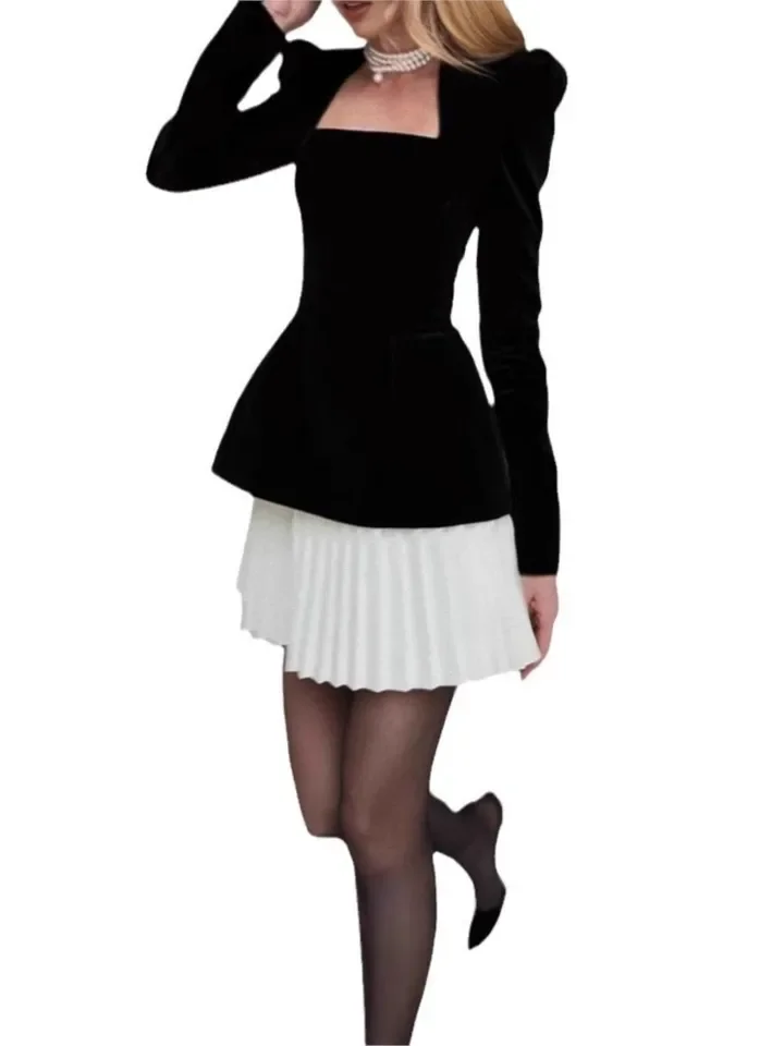 Temperament Elegant Velvet High Waist Spliced Mini Dress Two Piece Set Square Neck Long Sleeve Gowns Lady Chic Party Clothing