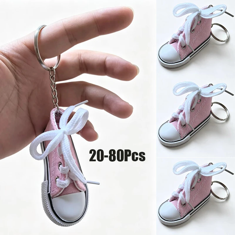 20-80Pcs Mini Canvas Sneaker Keychain Cute Shoe Shape Key Ring Bag Pendant Decor
