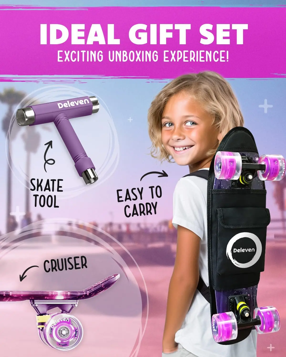 22" LED Skateboard with Tool, ABEC 7 Bearings - Mini Cruiser for Kids and Adults