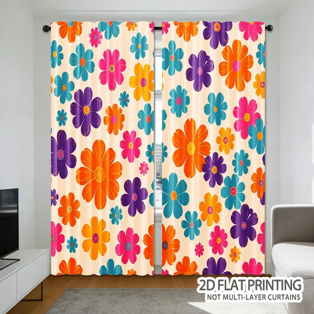 Colorful floral print theme, patterned curtains, pole-mounted design, suitable for living room, bedroom and study room.