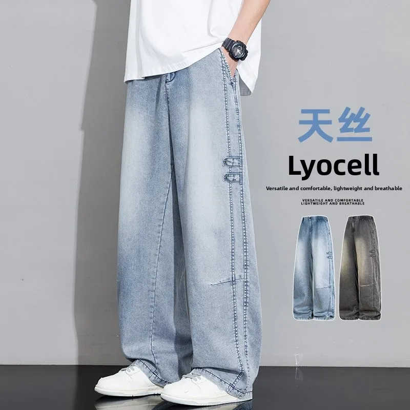 

New 2026 Men's Light Weight Breathable American Retro Waed Lenzing Lyocell Wide Leg Jeans Loose Fit Casual Straight Leg Pants