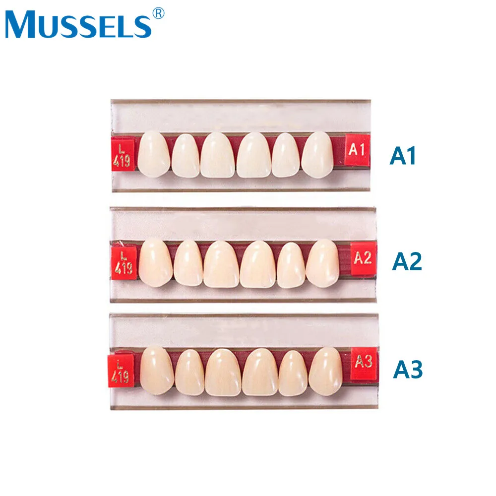 84 uds/3 Juego de dentadura Dental, modelo de dientes de resina sintética acrílica, Material DIY, diente falso superior e inferior, juego completo de sombra A1/A2/A3