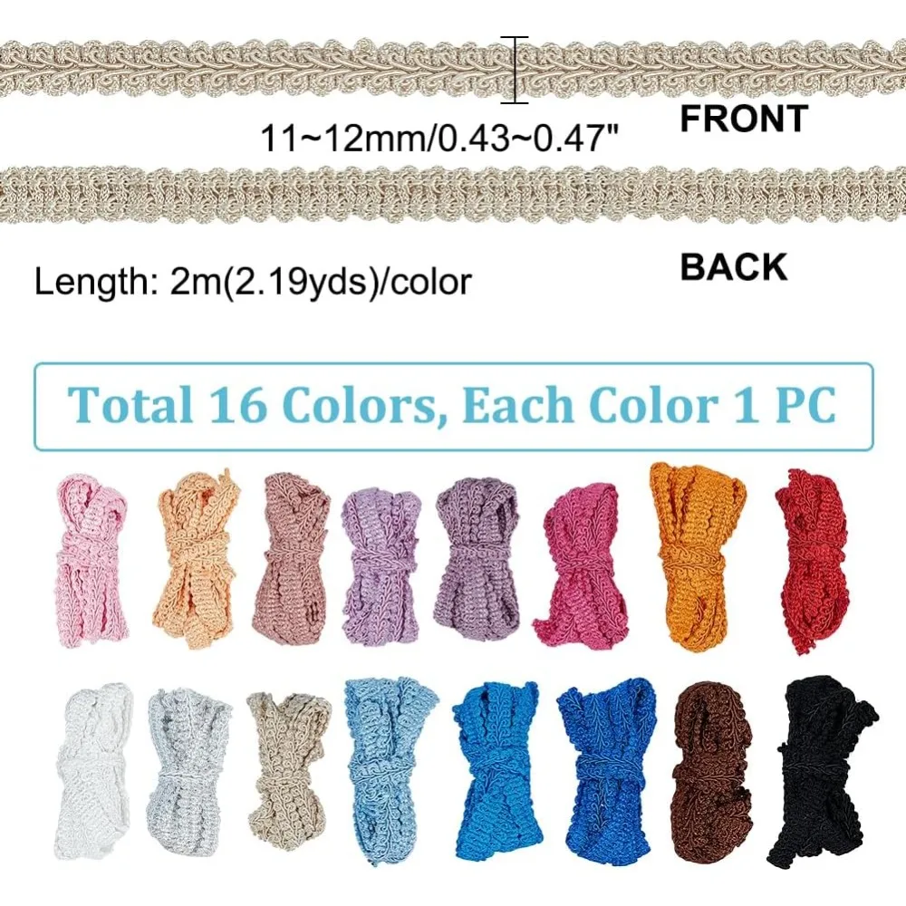 32M 16 Colors Polyester Centipede Braid Lace Trim Craft Ribbon for Bridal Costume Jewelry Crafts and Sewing Mixed Color