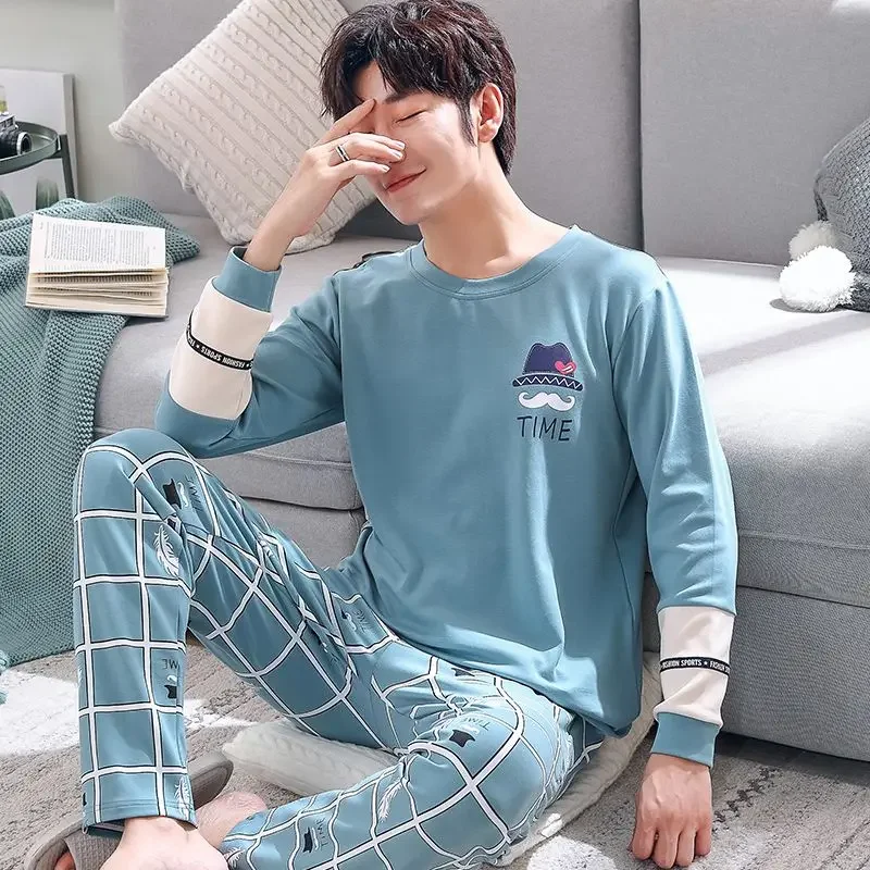 

Men Sleepwear Cotton Pajama Sets Long Sleeve Pullover Trouser Loungewear Homewear Spring Autumn Pajamas Loose Nightwear New