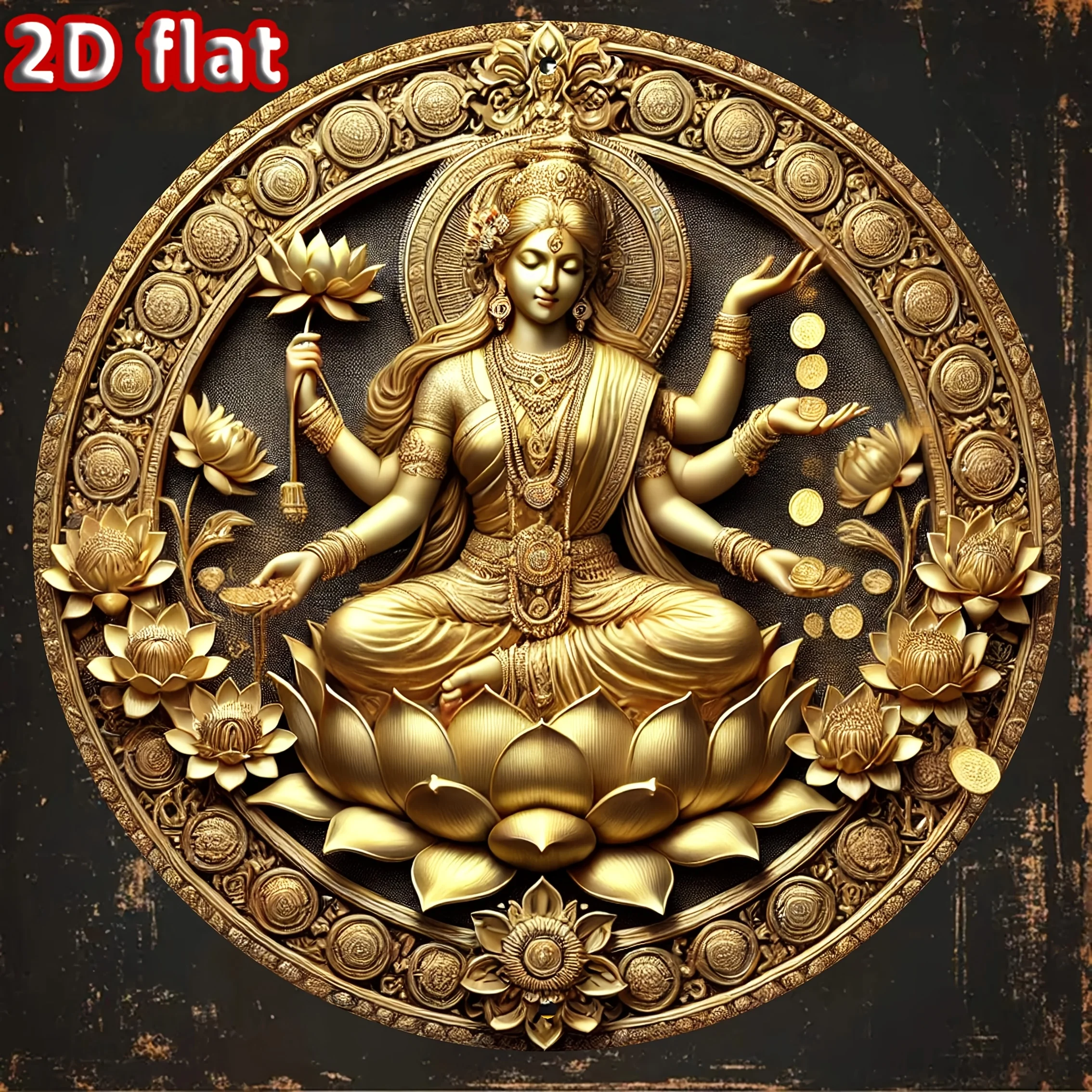 2D-Metallschild, Lakshmi-Glücksbringer aus Eisen, indische Hindu-Wanddekoration für Bar, Café, Tempel, vorgebohrte Löcher für einfache Montage, M