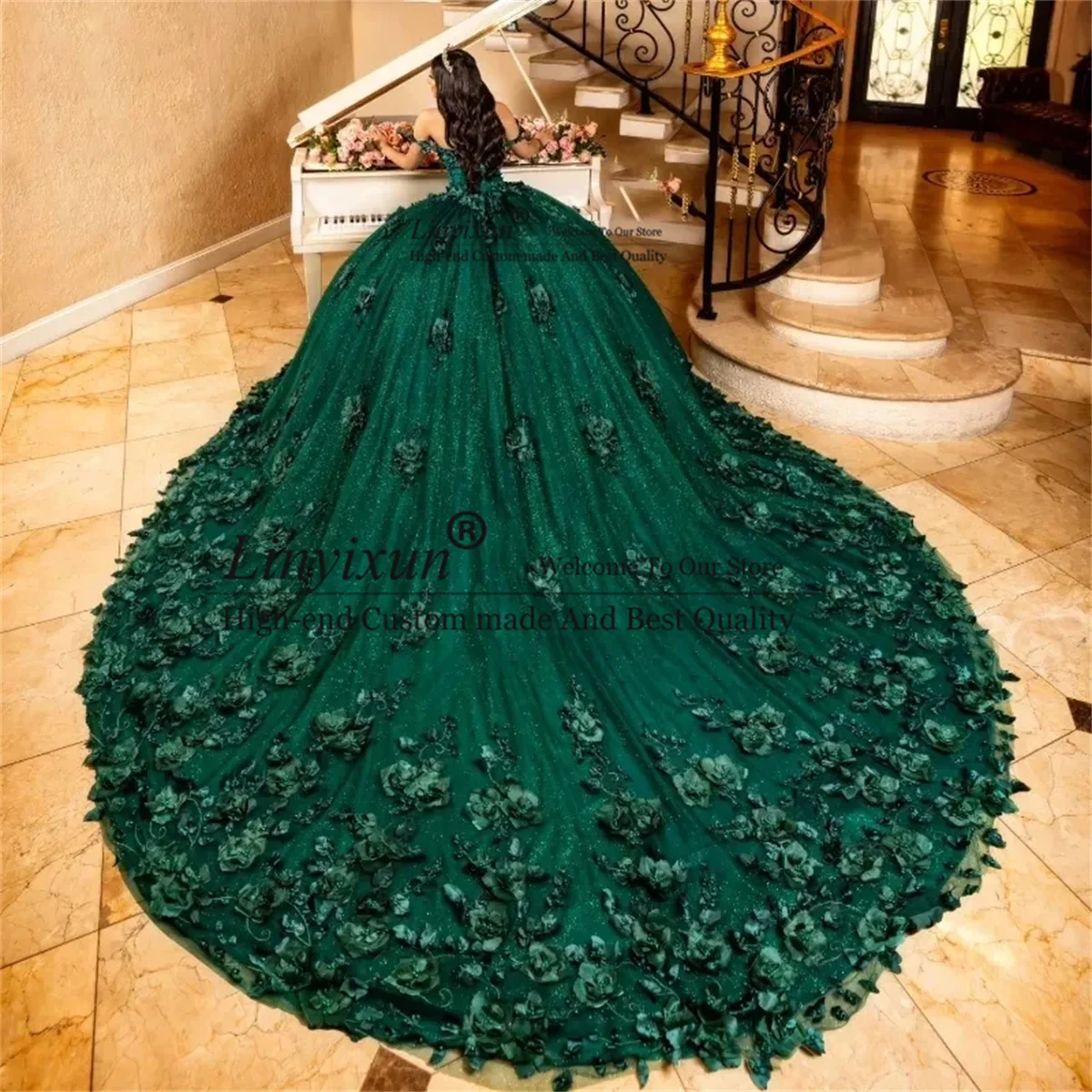 Emerald Green Glitter Quinceanera Dresses 3D Flower Vestidos de 15 quniceanera Ball Gown Pearls Junior Sweet 16 Birthday Gowns