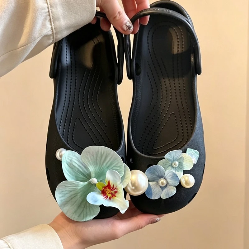 Simulation Flower  Pearl Diamond Shoe Charms For Clogs Hole Bubble Slides Sandals Removable Shoe Decoration Accessorie Gifts