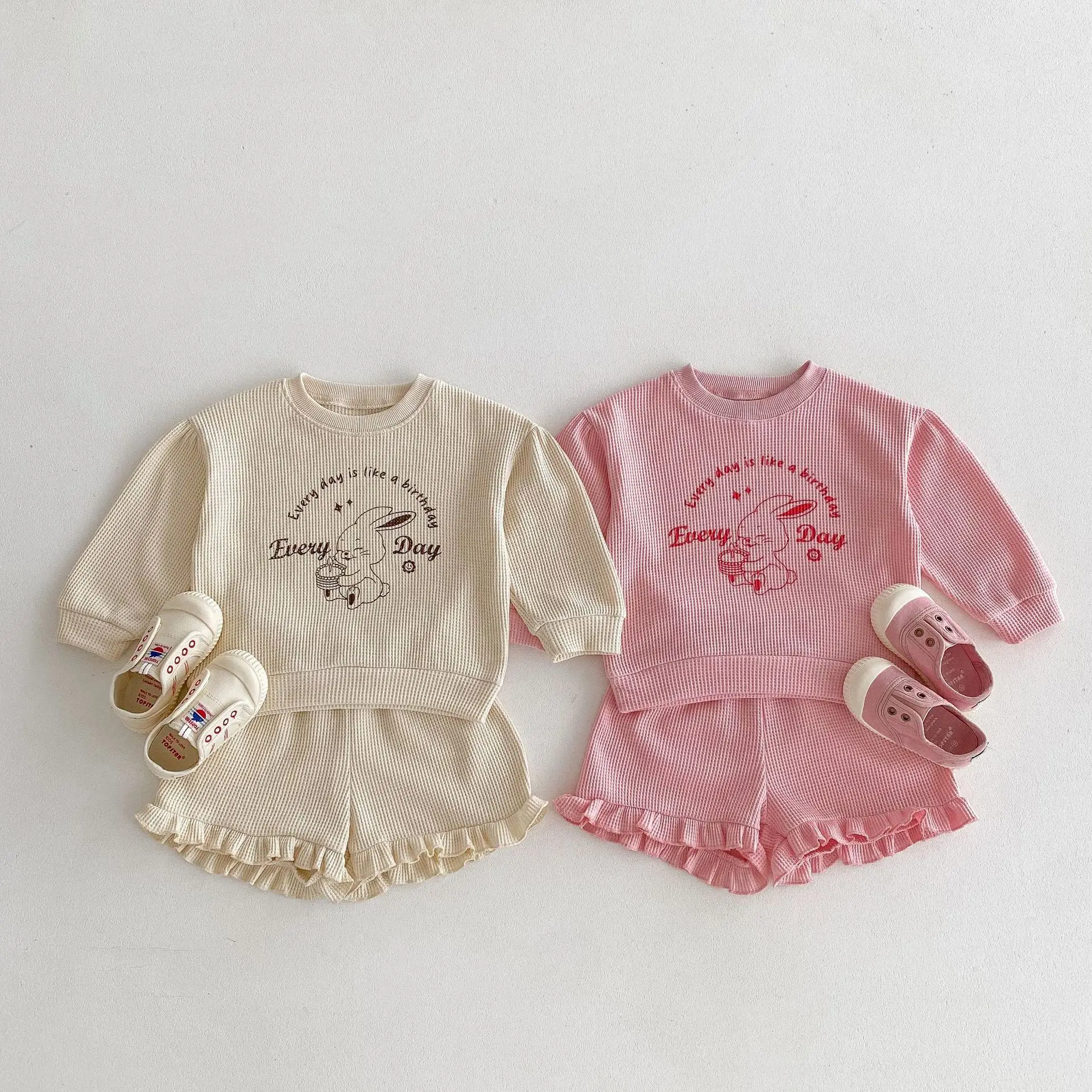 

2025 Autumn New Children Long Sleeve Clothes Set Baby Girls Cute Rabbit Print Waffle Shorts Suit Kids Casual Versatile Outfits