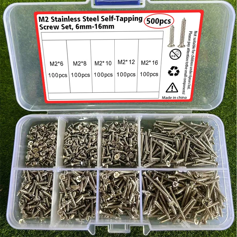 M2 Mini Edelstahl-Blechschrauben - 500 Stück pro Box, Größen: 6mm, 8mm, 10mm, 12mm, 16mm