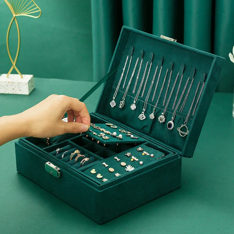 

New vintage style velvet jewelry box double lock storage box necklace watch ear jewelry box large capacity