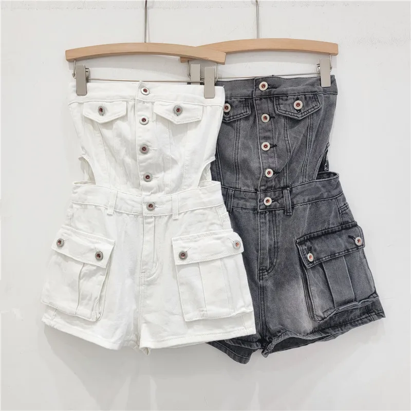 

Women Summer Buttons Designer Cargo Denim Playsuits Sexy Strapless Backless Hollow Out Pockets Jeans Romper Casual Streetwear