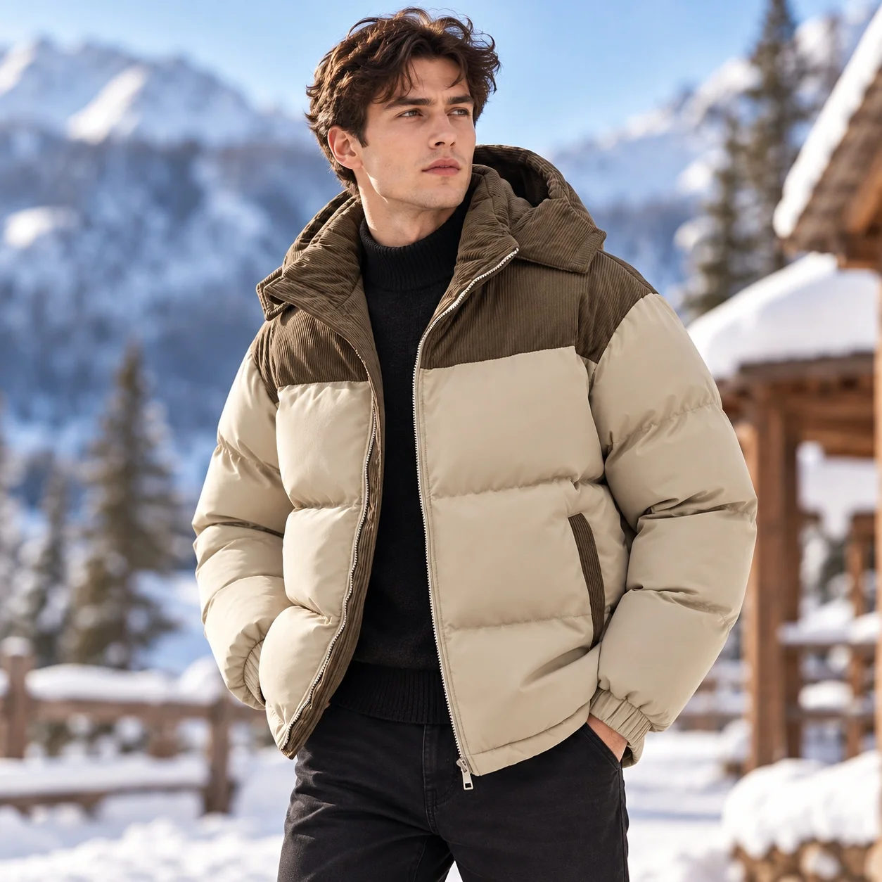 Hooded Pocket Coat Loose Fit Minimalist with Open Front Zipper Closure Regular Length Detachable Hood Thickened Winter for Men