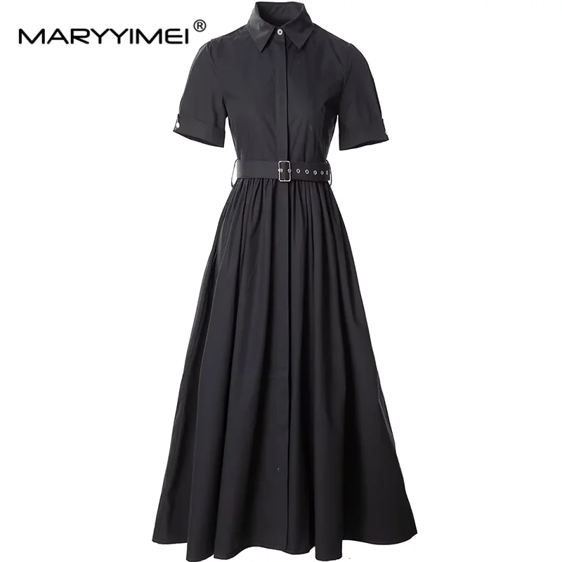 

MARYYIMEI Summer Women's Dress Turn-Down Collar Short-Sleeved High waist Lace-Up Single-Breasted Cotton Vintage Dresses