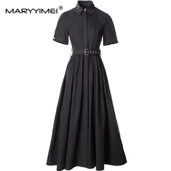 MARYYIMEI Summer Women's Dress Turn-Down Collar Short-Sleeved High waist Lace-Up Single-Breasted Cotton Vintage Dresses