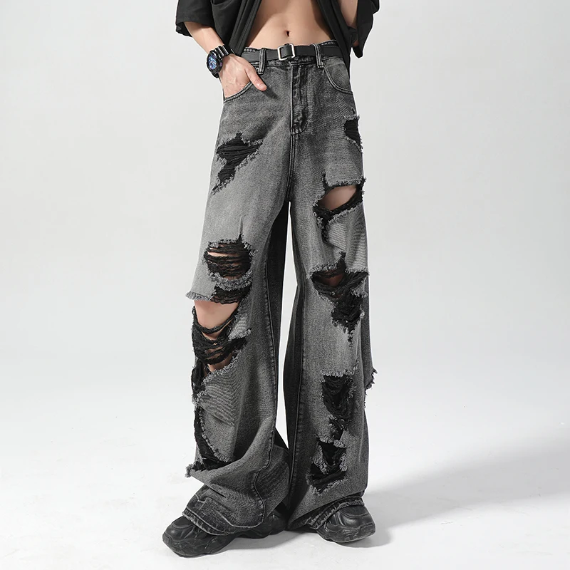 

Ripped Beggar Jeans Men's Spring Fashion Brand Loose Distressed Wide Leg Pants American High Street Straight Mop