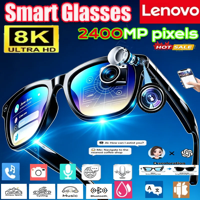Lenovo 2400MP 8KHD AI Smart Glasses Vedio Translation Hands-Free Call AI Chat Logging Music Playback Smart Sunglasses Eyewear