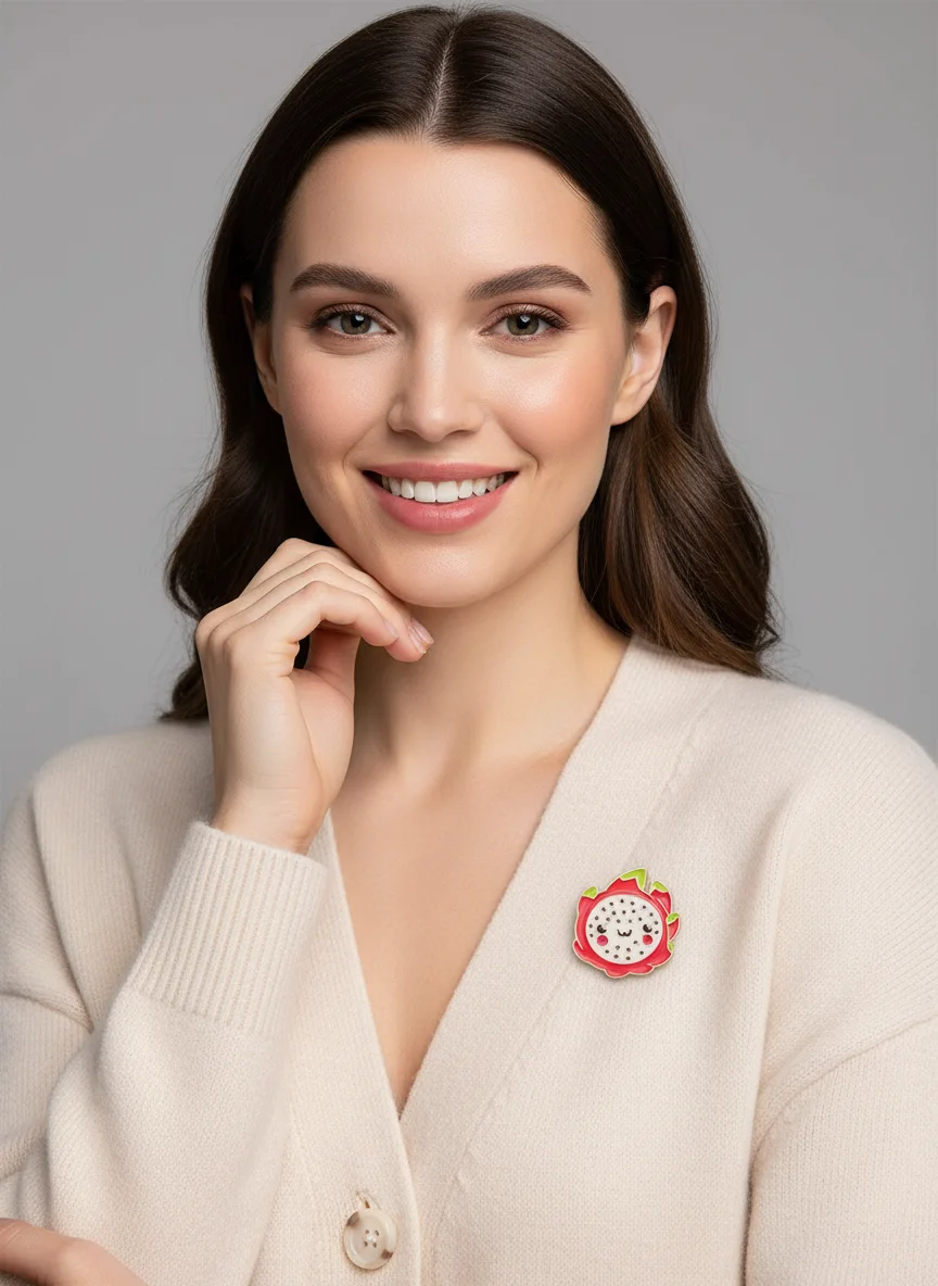Cute Cartoon Smiling Pitaya Enamel Pins Gold Plated Kawaii Dragon Fruit Brooch, Zinc Alloy Lightweight Badge