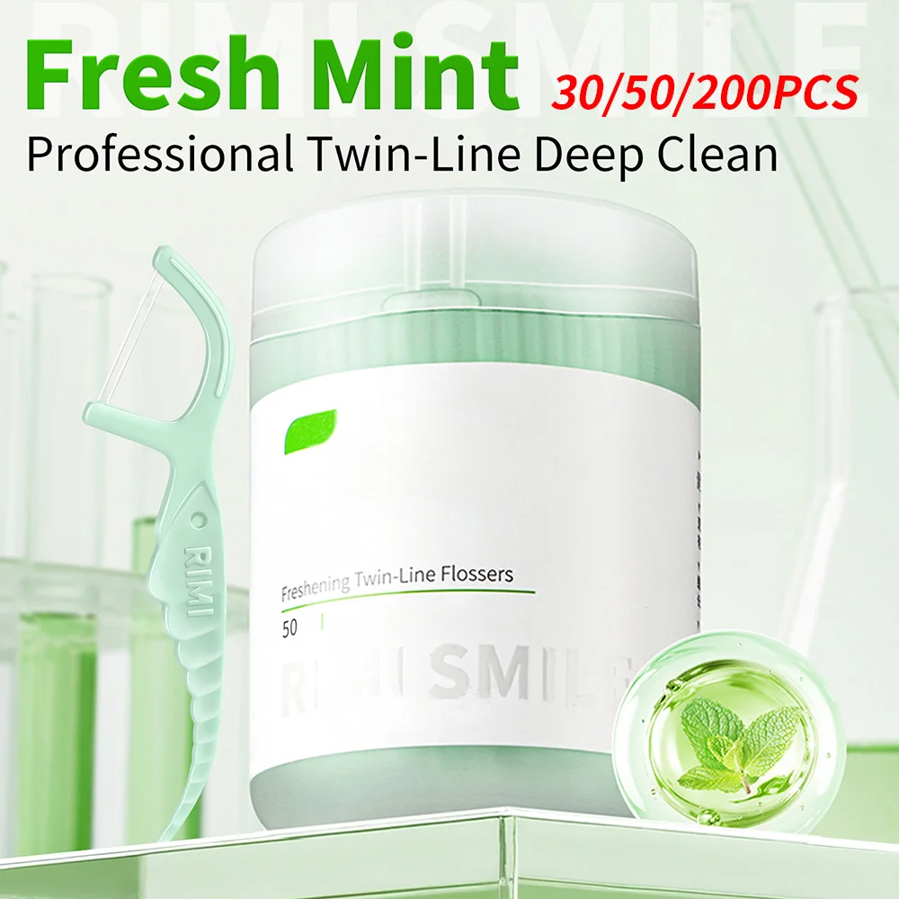 

(RIMI SMILE) Double Line Floss Picks Disposable Safe Interdental Cleaning Stick - 30/50/200 Pcs Pack for Oral Hygiene