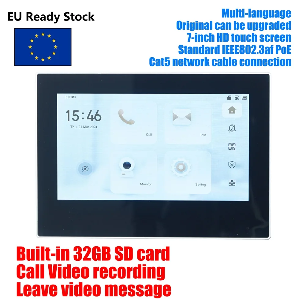 DH VTH2621G-P replace VTH2421FW-P 802.3af PoE 7inch Touch Indoor Monitor,doorbell Monitor,Video Intercom, Built-in 32GB SD card