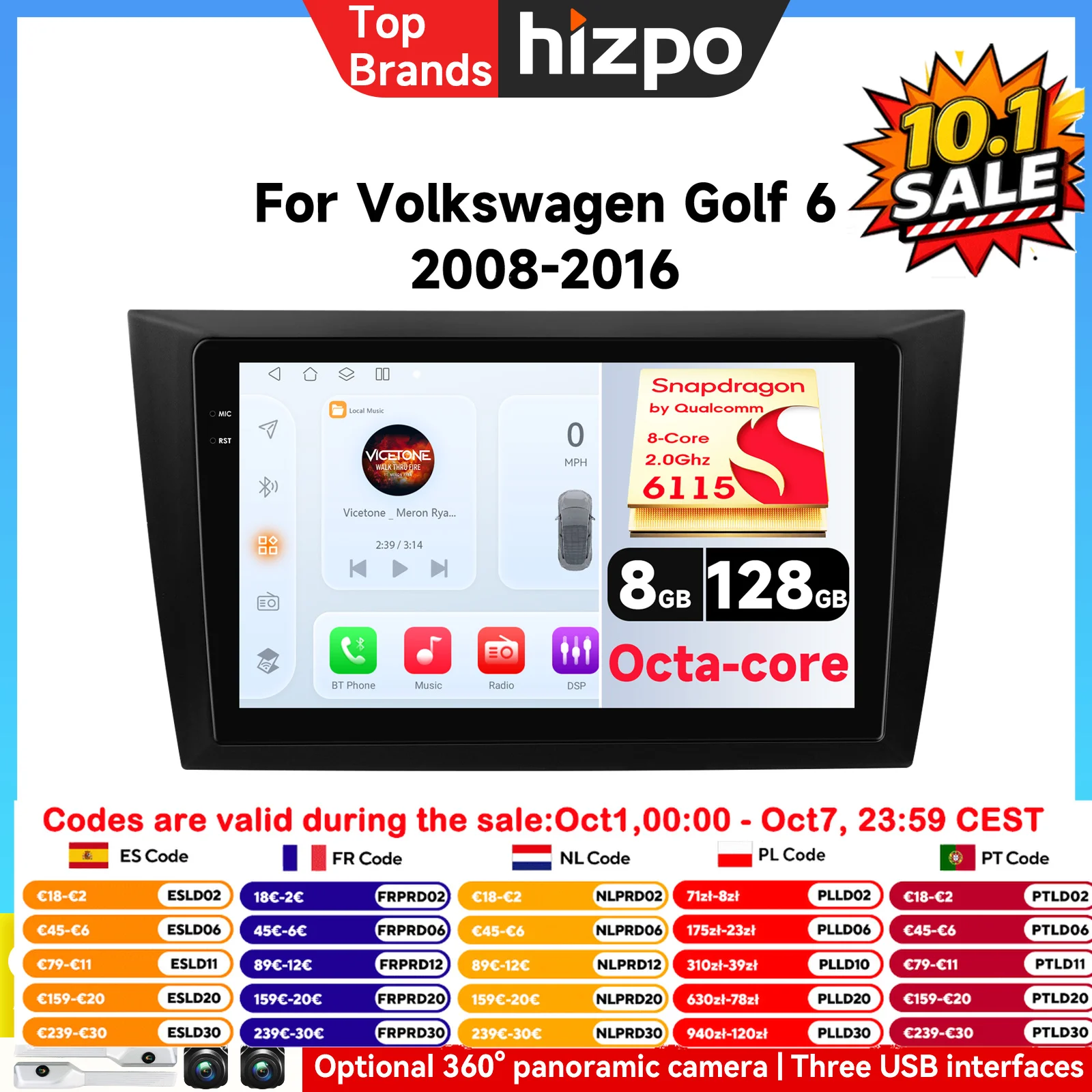Hizpo 6115 AI 4G LTE Radio Auto Wireless con CarPlay e Android Auto per VW Volkswagen Golf 6 2008-2016, GPS, Navigazione, BT, DSP, RDS, FM