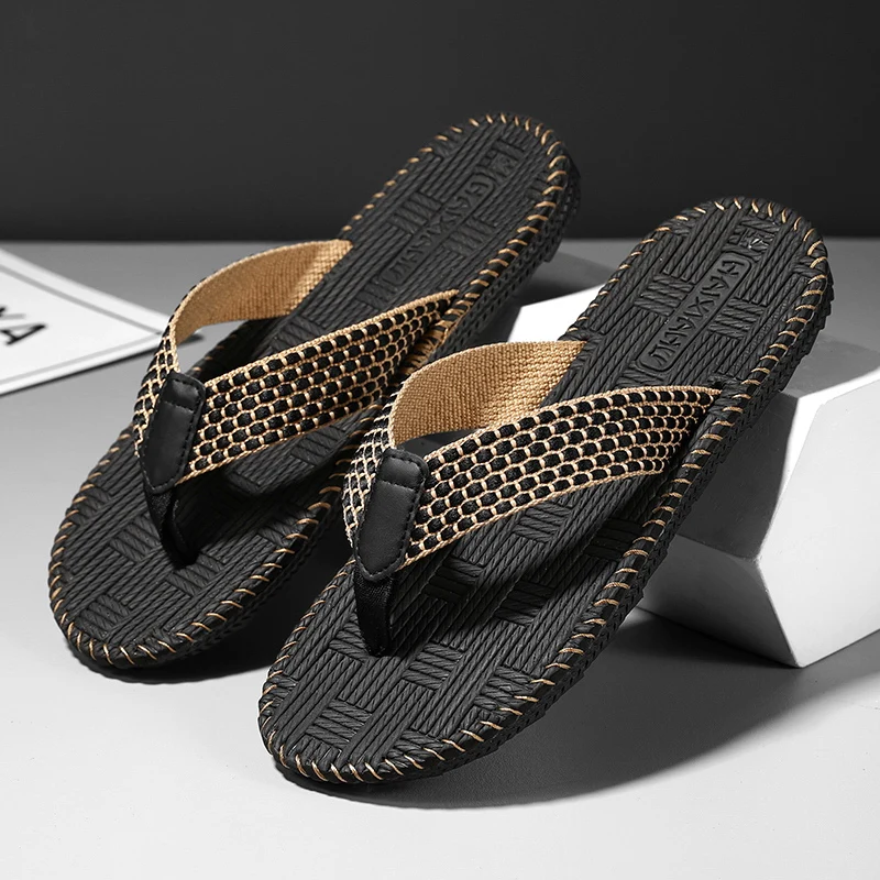 Cheap Summer Linen Slipper Men Indoor Home Shoes Lightweight Weaving Flip flops Men Bedroom Shoes Silent Casual Flip-flops Man