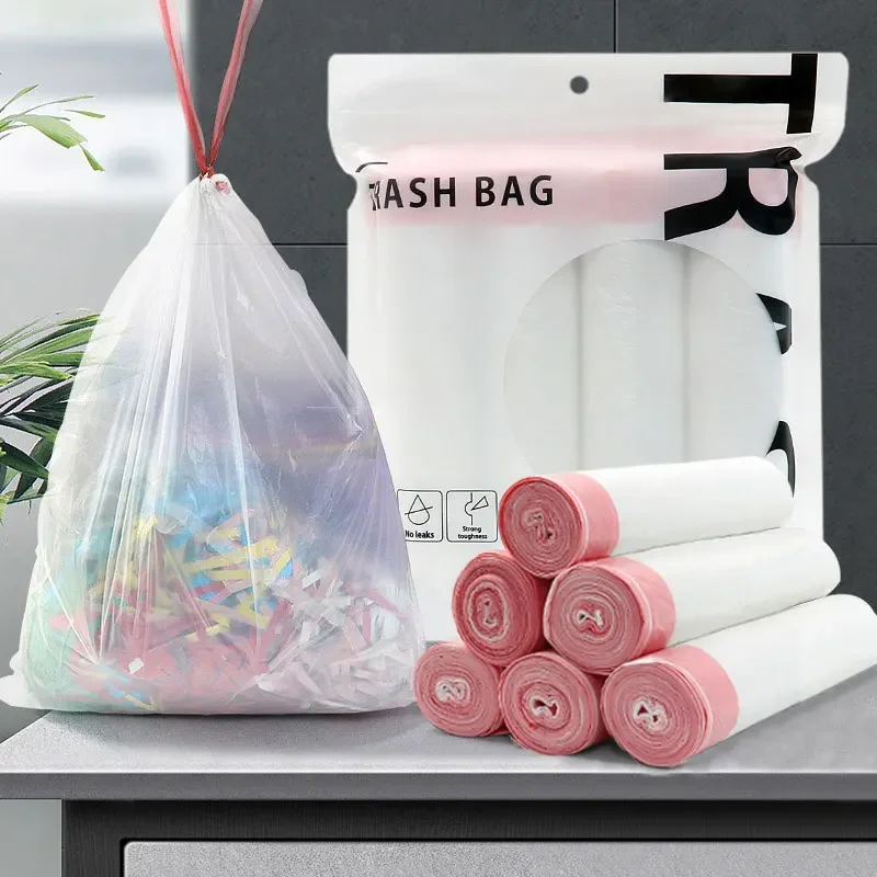 4 Rolls 60 PCS Garbage Bag Drawstring Household Disposable Transparent Kitchen Dormitory Living Room Use Three Sizes Selection