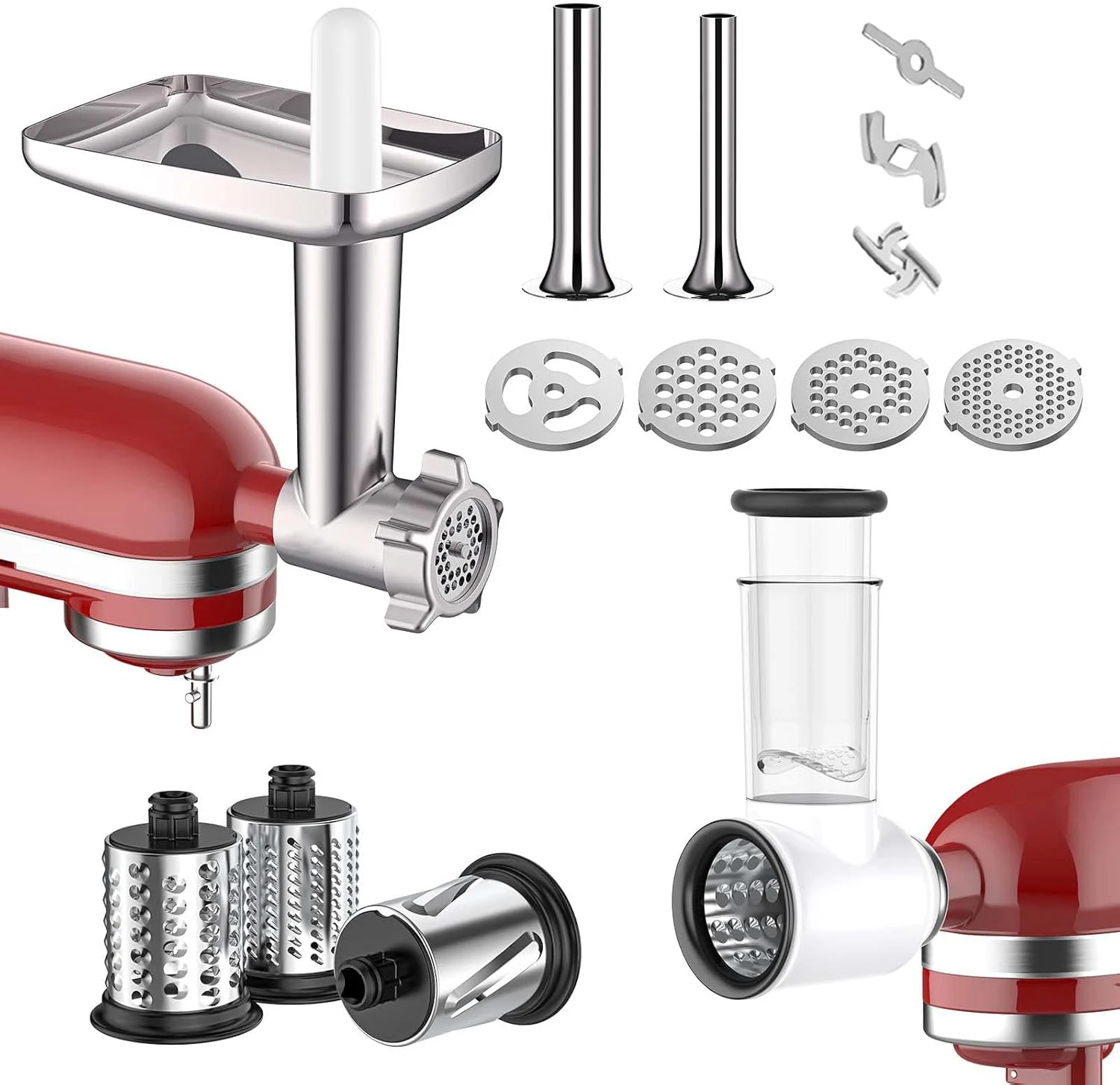 for Kitchen Aid Mixer Attachment 2Pcs Meat Grinder Cheese Grater Slicer Shredder Sausage Stuffer GVODE Kitchen Baking Accessory