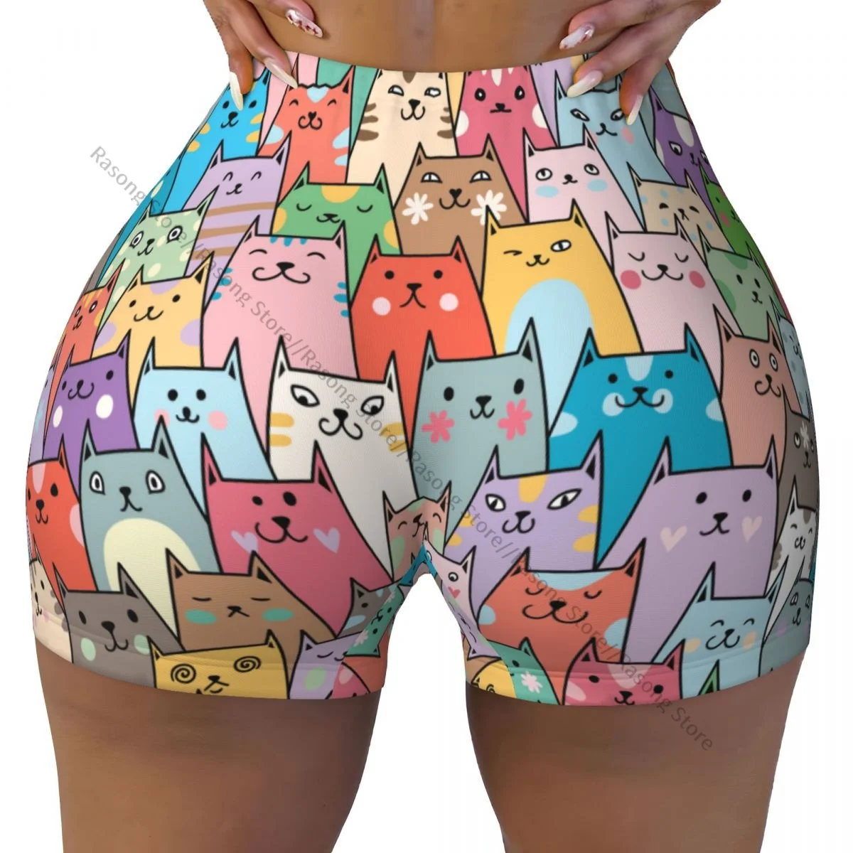 Spandex Yoga Shorts for Women Cute Kitty Cat Face Workout Booty Shorts