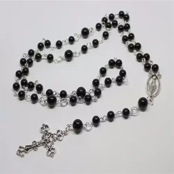 Handmade Victorian Gothic Rosary Style Long Necklace, Five Decade Rosary Beads with Crucifix, Black Glass Beads Catholic Rosary