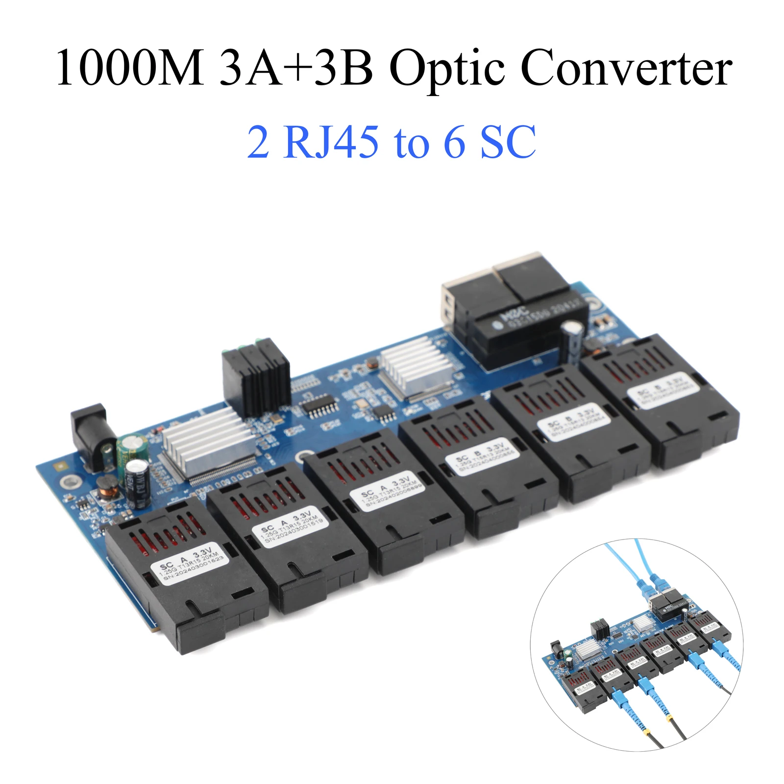 

PCBA Board 2 RJ45 to 6 SC 3A+3B Ports 1.25G Connector 1000M/100M Fiber Optic Media Converter 1310nm/1550nm 20KM Ethernet Switch