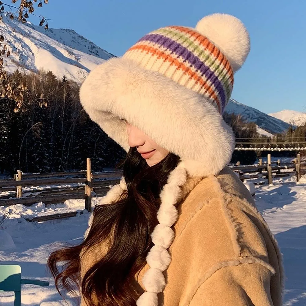 Fleece Lined Pompom Braids Hat Striped Knit Fur Brim Fleece Knit Beanie Windproof ElasticThick Fur Trim Trapper Skating