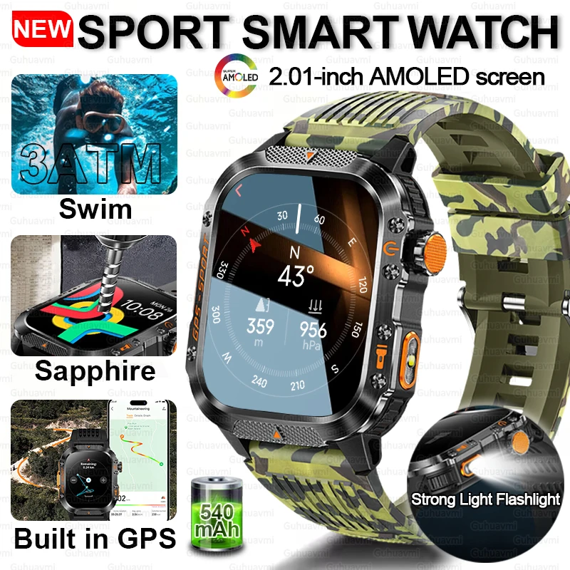 

2025 New Military Built-in GPS Sports Smart Watch IP68K Waterproof Compass Barometric Altimeter Bluetooth Call Smart Watches Men