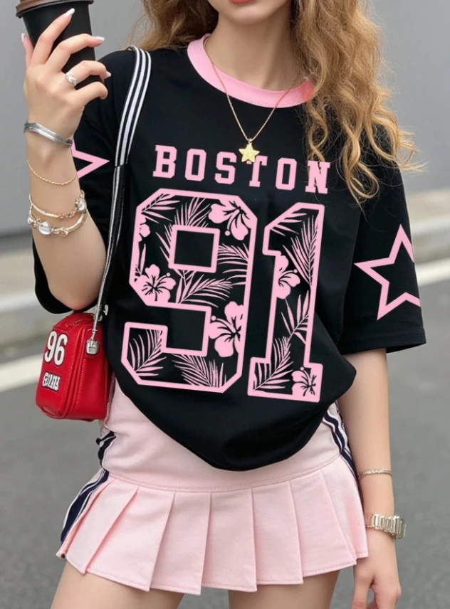 Summer Fashionable Leopard NO.91 BOSTON Print Round Neck Women's Basic T-Shirt Short Sleeve Women's T-shirt Casual Tops Tee